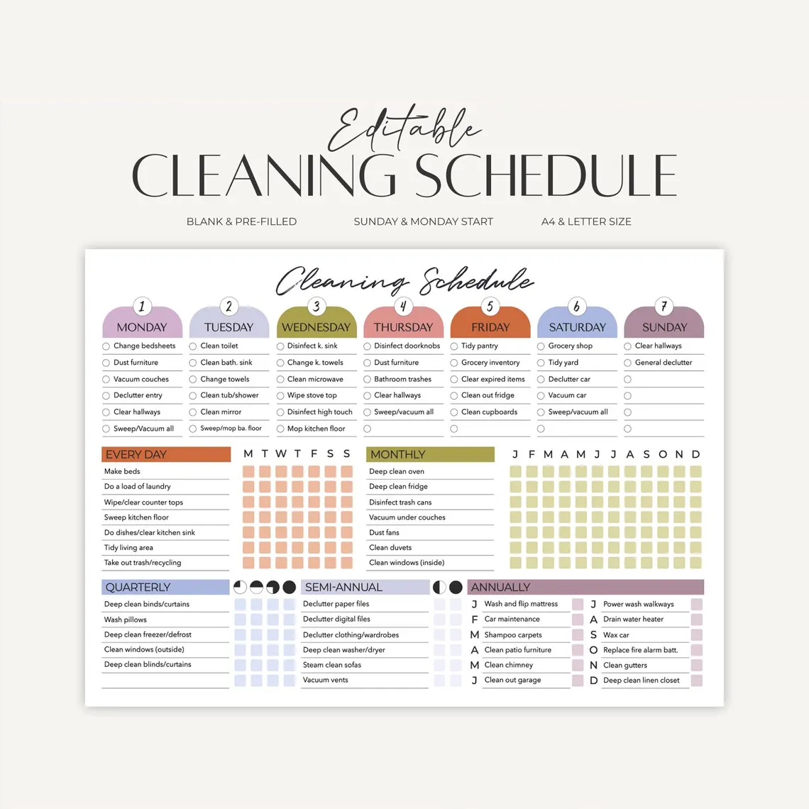 Editable Cleaning Planner PDF – Colorful Household Chores Checklist & Schedule for ADHD, Digital Download