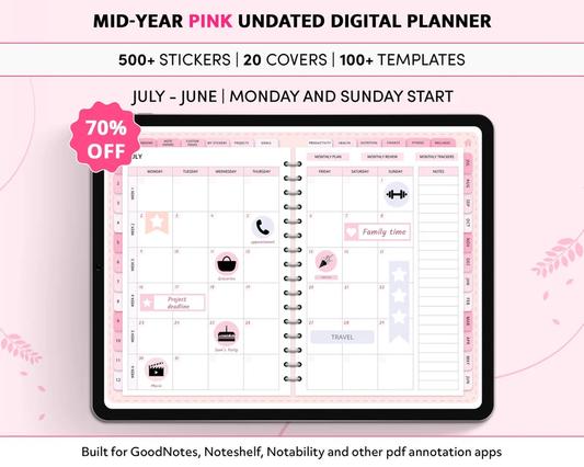 Mid-Year Undated Digital Planner for GoodNotes & Notability – iPad & Tablet-Friendly, Pink Daily & Weekly Planner