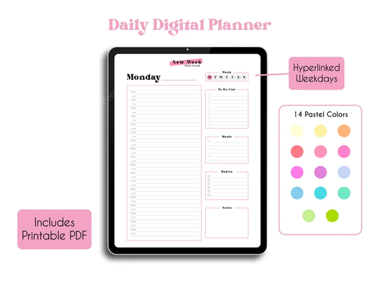 Digital Daily Planner – Hyperlinked Weekly Layout, Hourly Schedule, Printable Journal, Pomodoro Tracker
