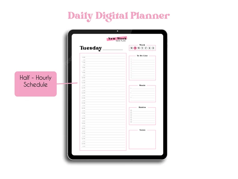 Digital Daily Planner – Hyperlinked Weekly Layout, Hourly Schedule, Printable Journal, Pomodoro Tracker