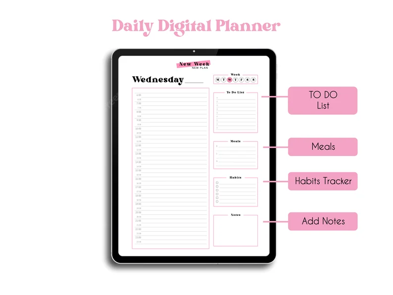 Digital Daily Planner – Hyperlinked Weekly Layout, Hourly Schedule, Printable Journal, Pomodoro Tracker