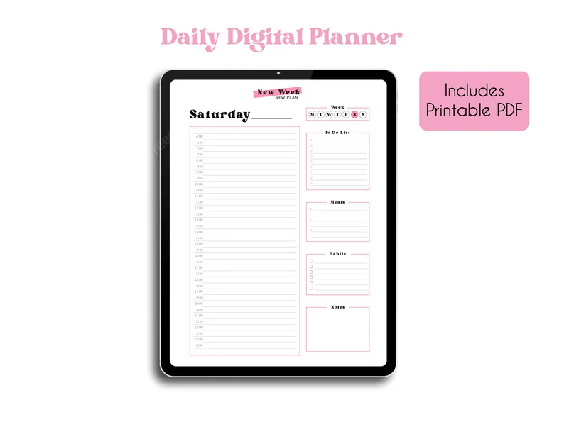 Digital Daily Planner – Hyperlinked Weekly Layout, Hourly Schedule, Printable Journal, Pomodoro Tracker