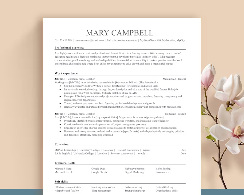 Resume Template 1 & 2 pages, A4 and US letter. Modern. Instant Download. Easy to edit