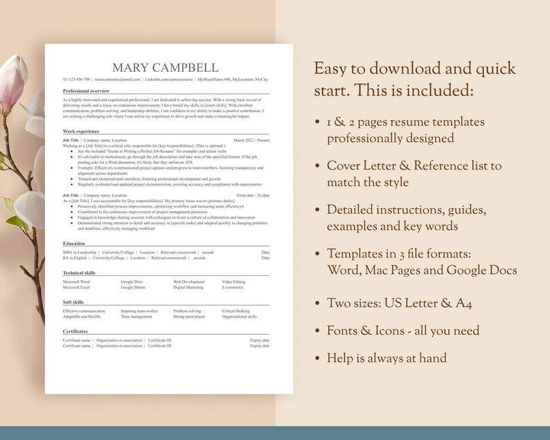 Resume Template 1 & 2 pages, A4 and US letter. Modern. Instant Download. Easy to edit