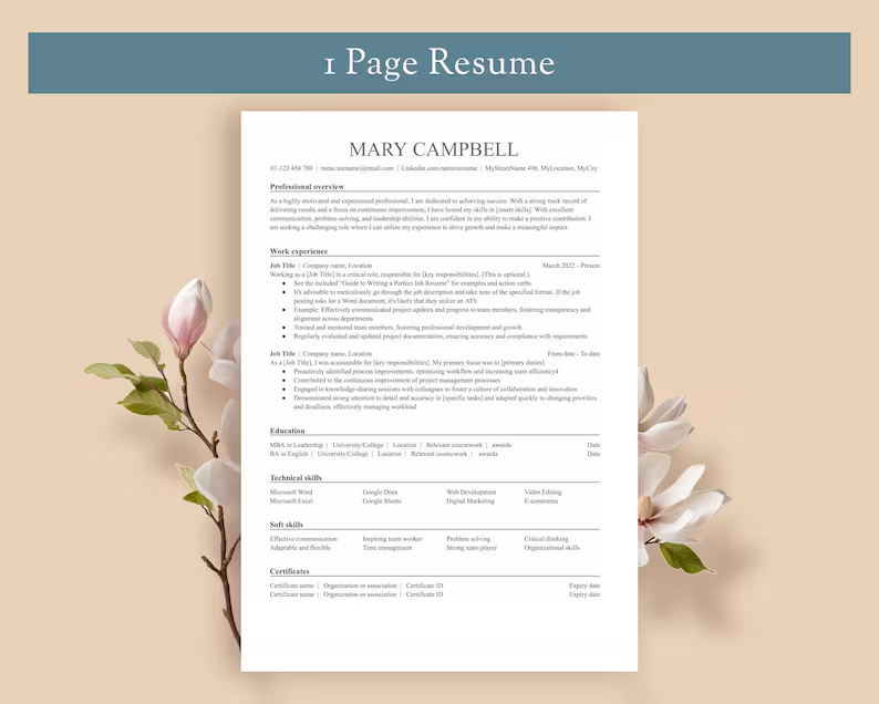 Resume Template 1 & 2 pages, A4 and US letter. Modern. Instant Download. Easy to edit