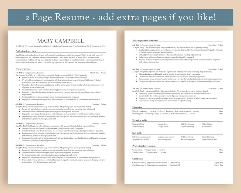 Resume Template 1 & 2 pages, A4 and US letter. Modern. Instant Download. Easy to edit