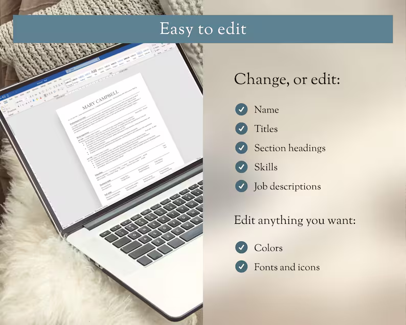 Resume Template 1 & 2 pages, A4 and US letter. Modern. Instant Download. Easy to edit