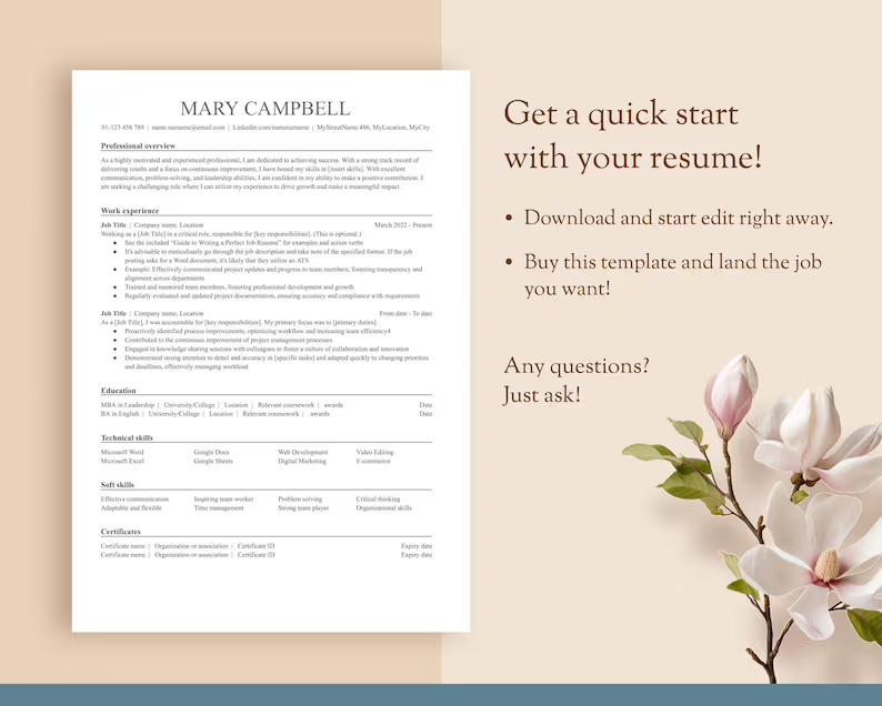Resume Template 1 & 2 pages, A4 and US letter. Modern. Instant Download. Easy to edit
